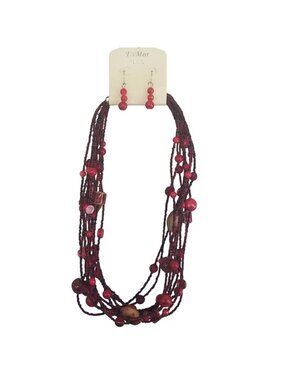 EsMor Red Multi Strand Seed Beaded Necklace Dangle Earring Boho Statement Set